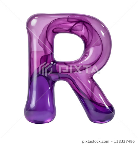 Letter R made of purple liquid flowing inside a translucent balloon on transparent background. Letter R made of purple liquid flowing inside a translucent balloon on transparent background. 138327496