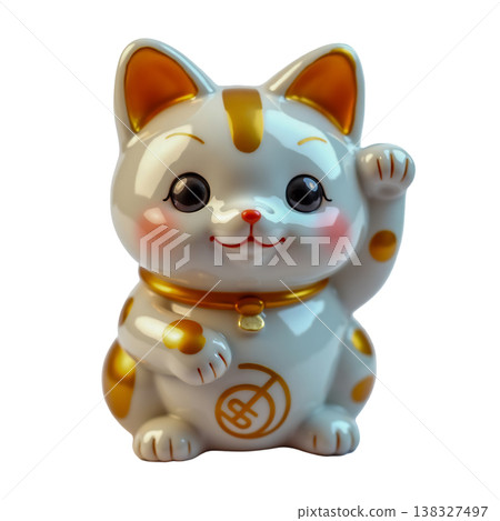 Lucky cat beckoning figurine maneki neko isolated on transparent background. 138327497