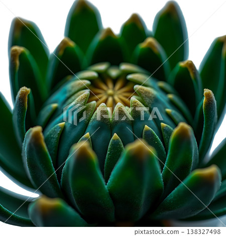 Macro view of exotic protea flower bud with dark green petals and golden yellow tips growing. Macro view of exotic protea flower bud with dark green petals and golden yellow tips growing. 138327498