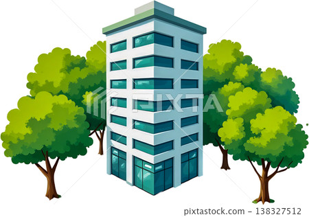 Modern eco friendly office building surrounded by green trees for sustainable urban design. 138327512