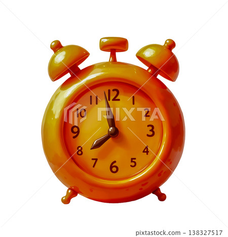 Orange classic alarm clock with metal bells and glossy finish for morning wake up concept. Orange classic alarm clock with metal bells and glossy finish for morning wake up concept. 138327517