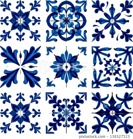 Portuguese azulejo tile pattern set with blue floral ornaments on transparent background p. Portuguese azulejo tile pattern set with blue floral ornaments on transparent background p. 138327523