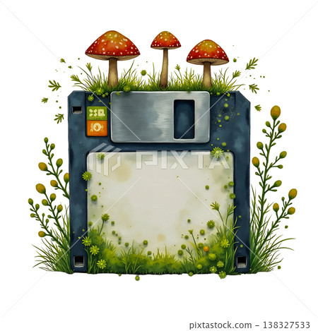 Retro floppy disk with nature elements and mushrooms growing on it. 138327533