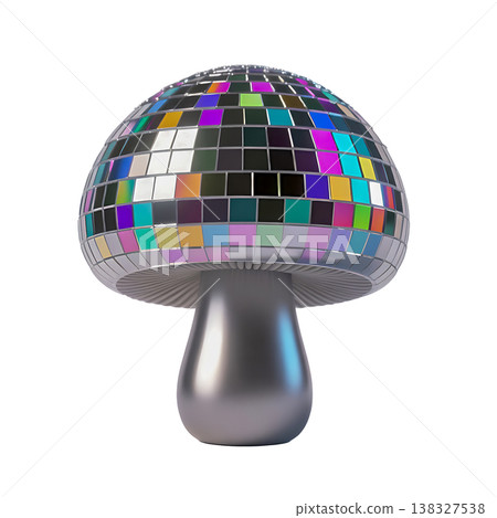 Shiny disco mushroom with reflective colorful squares on transparent background. Shiny disco mushroom with reflective colorful squares on transparent background. 138327538