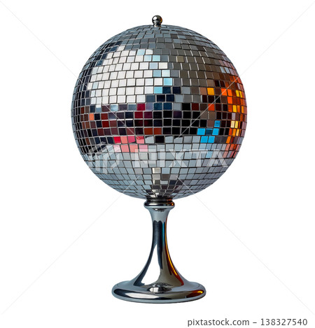Shiny mirror ball with reflections, disco ball on a stand, party decoration item. Shiny mirror ball with reflections, disco ball on a stand, party decoration item. 138327540