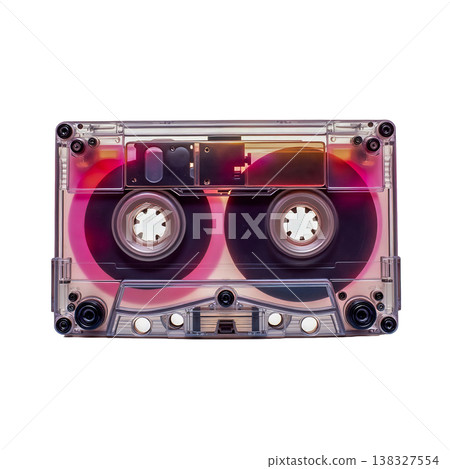 Transparent pink cassette tape with internal winding mechanisms isolated on grid background. Transparent pink cassette tape with internal winding mechanisms isolated on grid background. 138327554