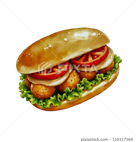 Watercolor falafel sandwich with fresh tomatoes lettuce and creamy sauce on toasted baguette. Watercolor falafel sandwich with fresh tomatoes lettuce and creamy sauce on toasted baguette. 138327569