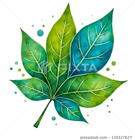 Watercolor painting of abstract green and blue leaves with colorful splatters art. 138327627