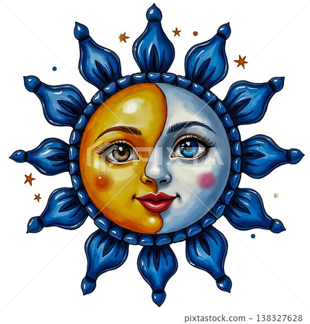 Whimsical sun and moon celestial face illustration with blue rays and golden star accents. Whimsical sun and moon celestial face illustration with blue rays and golden star accents. 138327628