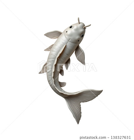 White marble koi fish sculpture swimming upward with detailed scales and artistic rendering. White marble koi fish sculpture swimming upward with detailed scales and artistic rendering. 138327631
