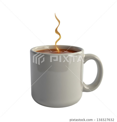 White mug filled with coffee has a spiraling stream of steam rising from its surface. 138327632