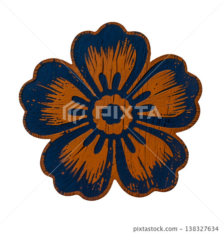 Wooden flower shape with blue and orange rustic painting on transparent background. 138327634