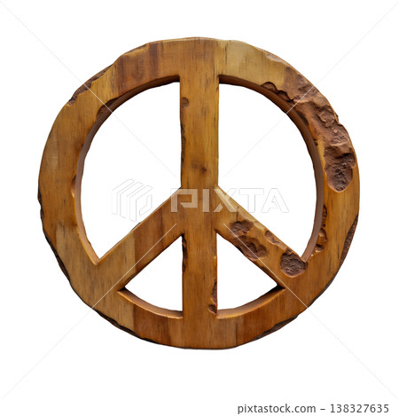 Wooden peace sign with rough textured edges on transparent background symbol of love and peace. 138327635