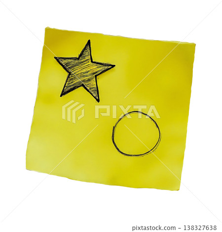 Yellow sticky note with a hand drawn star and circle isolated on transparent background. Yellow sticky note with a hand drawn star and circle isolated on transparent background. 138327638