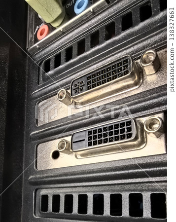 Detailed view of a computer back panel with multiple connection ports Detailed view of a computer back panel with multiple connection ports 138327661