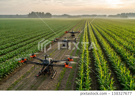 Agricultural drones applying treatment to young corn plants in morning Agricultural drones applying treatment to young corn plants in morning 138327677