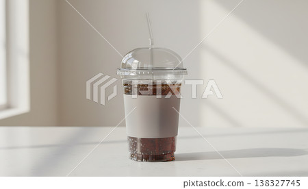 Blank label clear plastic cup holding bubbly cold drink on white table Blank label clear plastic cup holding bubbly cold drink on white table 138327745