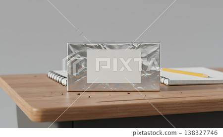 Blank label silver foil food packaging presented on a simple wooden desk Blank label silver foil food packaging presented on a simple wooden desk 138327746