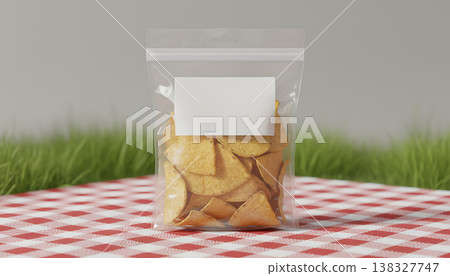 Blank label transparent snack bag of golden chips on red checkered picnic blanket 138327747