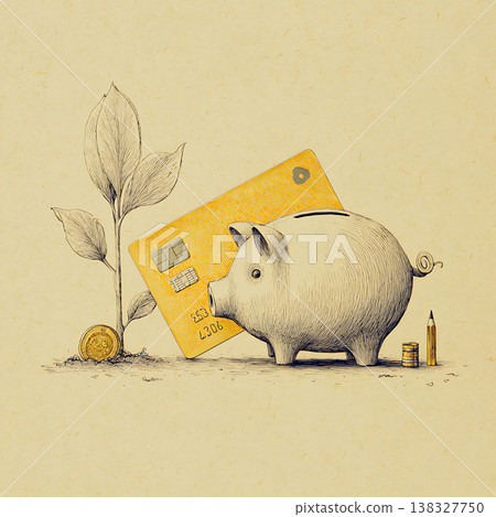 Building wealth illustration with piggy bank, credit card, and growing plant Building wealth illustration with piggy bank, credit card, and growing plant 138327750