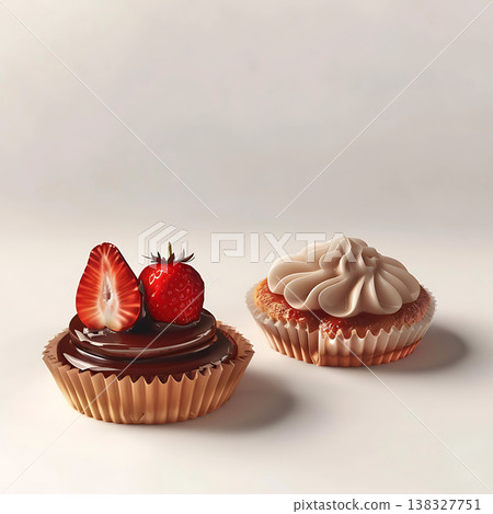 Chocolate strawberry cupcake and vanilla swirl frosted cupcake studio display Chocolate strawberry cupcake and vanilla swirl frosted cupcake studio display 138327751