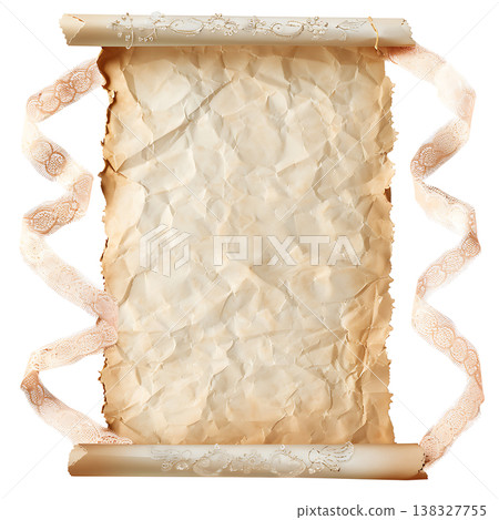 Crumpled aged paper scroll with decorative lace ribbon border Crumpled aged paper scroll with decorative lace ribbon border 138327755