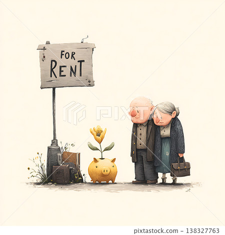 Elderly couple stands sadly near a for rent sign and small savings 138327763