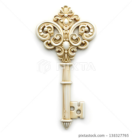 Elegant antique skeleton key with intricate scrollwork on plain white background 138327765