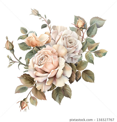 Elegant blush and cream rose bouquet with fresh green leaves 138327767