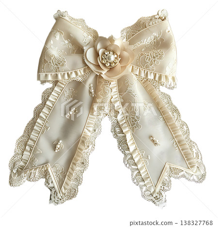 Elegant cream lace bow with ruffled edges, pearl beads, and a central fabric flower Elegant cream lace bow with ruffled edges, pearl beads, and a central fabric flower 138327768