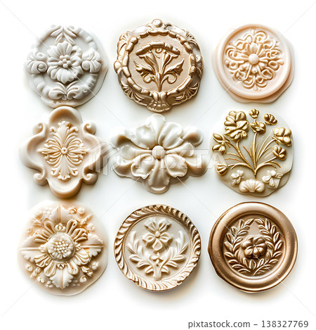 Elegant decorative wax seals featuring intricate floral and botanical patterns 138327769