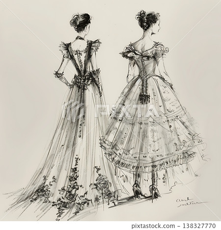 Elegant fashion illustration showing two women in intricate formal dresses 138327770