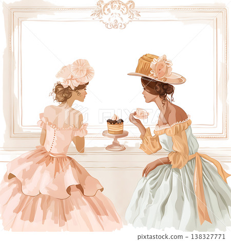 Elegant ladies enjoy afternoon tea and cake in a classic parlor setting Elegant ladies enjoy afternoon tea and cake in a classic parlor setting 138327771
