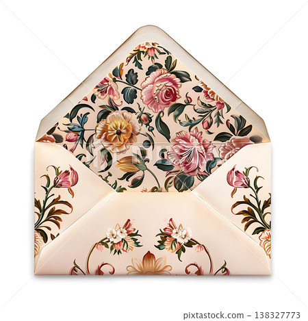 Elegant open envelope displays ornate floral design for special occasions Elegant open envelope displays ornate floral design for special occasions 138327773