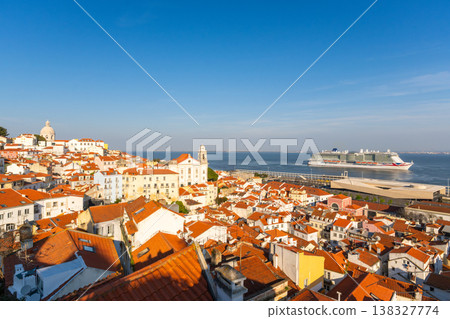Alfama Oldest Neighborhood and Big Cruise Ship on Sunny Day. Lisbon, Portugal 138327774