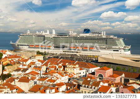 Alfama Oldest Neighborhood and Big Cruise Ship on Sunny Day. Lisbon, Portugal 138327775