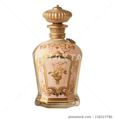 Elegant pink and gold perfume bottle with intricate floral design and decorative stopper Elegant pink and gold perfume bottle with intricate floral design and decorative stopper 138327790