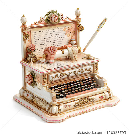 Elegant vintage typewriter replica with intricate details and a fountain pen 138327795