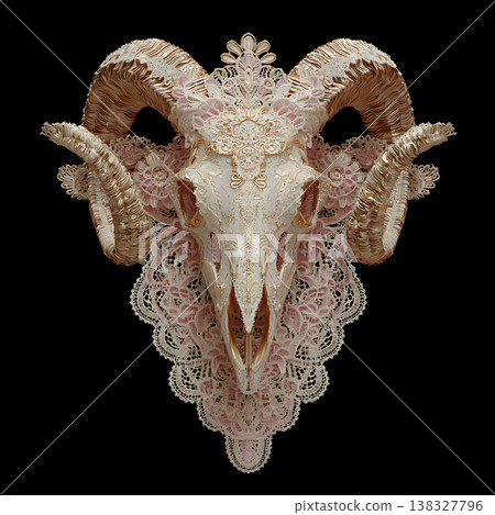 Embellished ram skull adorned with intricate white lace and shimmering gold accents Embellished ram skull adorned with intricate white lace and shimmering gold accents 138327796