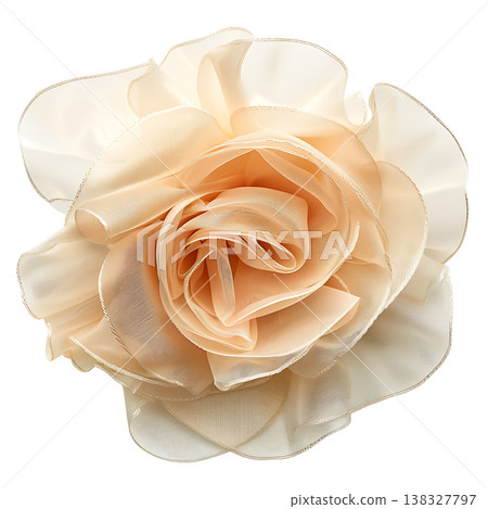 Fabric flower brooch with ruffled cream petals on white background 138327797