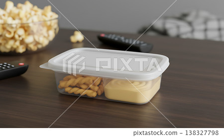 Food packaging with blank label holds twisted snacks and yellow dip 138327798