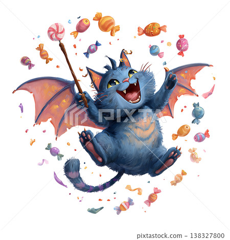 Happy blue winged creature soaring with a lollipop stick and falling sweets Happy blue winged creature soaring with a lollipop stick and falling sweets 138327800