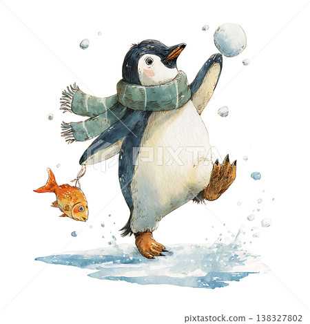 Happy penguin dances on an ice patch holding a fish and a snowball Happy penguin dances on an ice patch holding a fish and a snowball 138327802