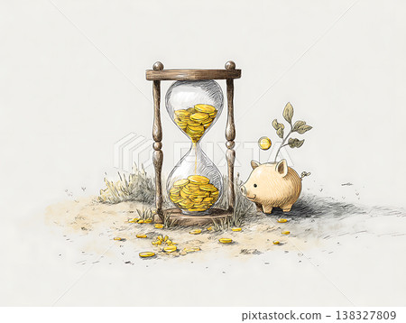 Money flowing through hourglass with piggy bank growing wealth 138327809