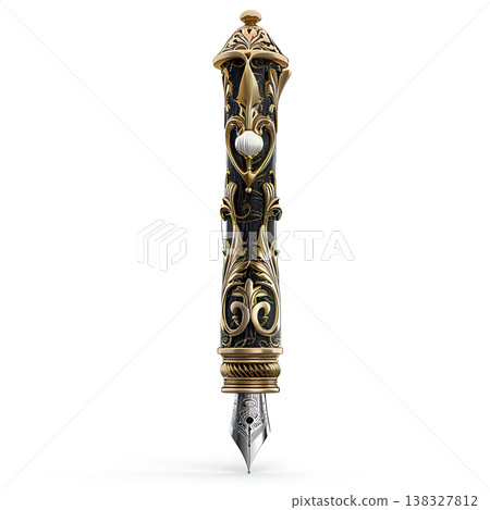 Ornate antique gold and black fountain pen studio shot on white background Ornate antique gold and black fountain pen studio shot on white background 138327812