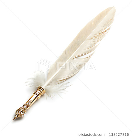 Ornate gold quill pen with cream feather for elegant writing Ornate gold quill pen with cream feather for elegant writing 138327816