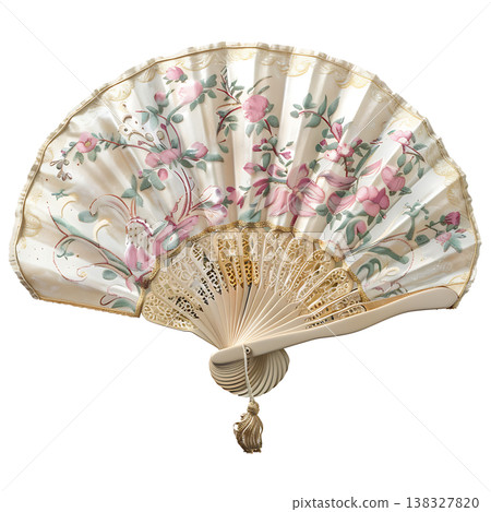 Ornate vintage hand fan showcasing painted flowers and finely pierced sticks 138327820