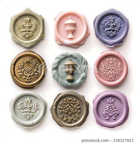 Ornate wax seals in various pastel colors arranged on a white surface 138327821