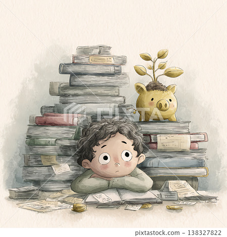 Overwhelmed boy studies surrounded by books and a money plant piggy bank 138327822