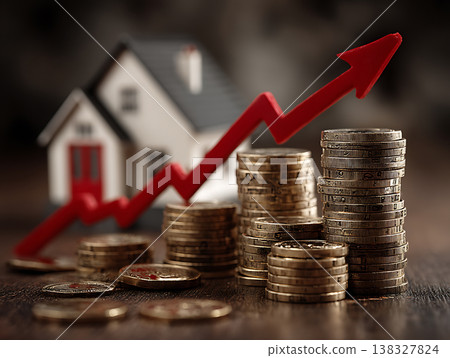 Property market value rising with stacked coins and upward growth arrow Property market value rising with stacked coins and upward growth arrow 138327824